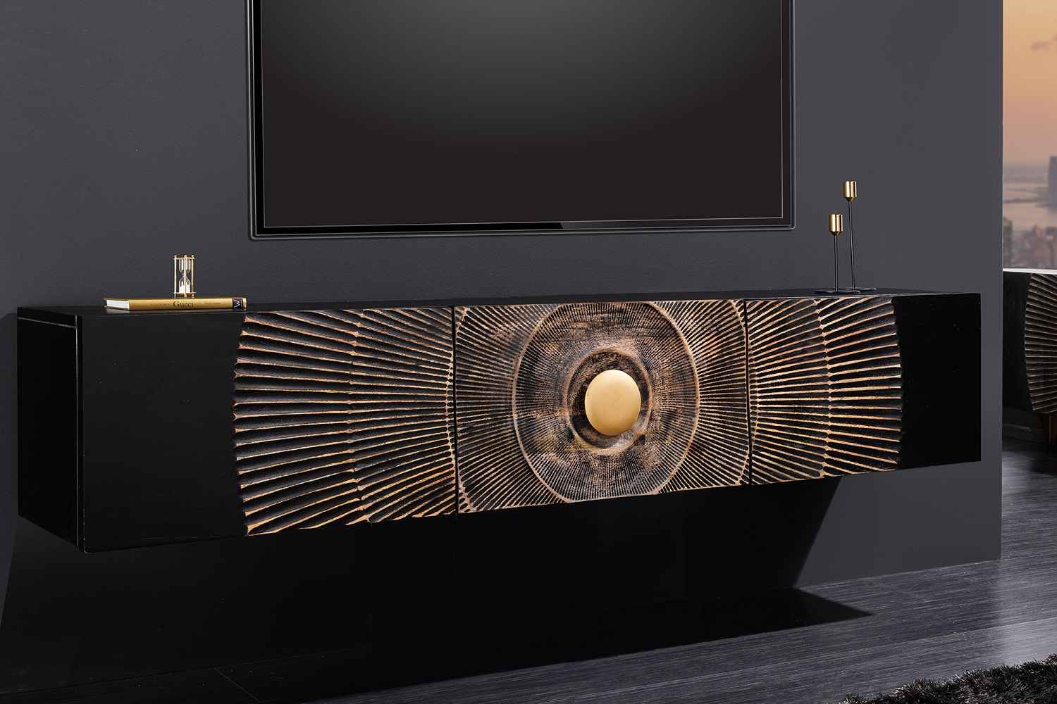 LuxD Dizajnový závesný TV stolík Venetia 160 cm čierno-zlatý