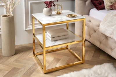 Dizajnový odkladací stolík Latrisha 45 cm bielo-zlatý - vzor mramor