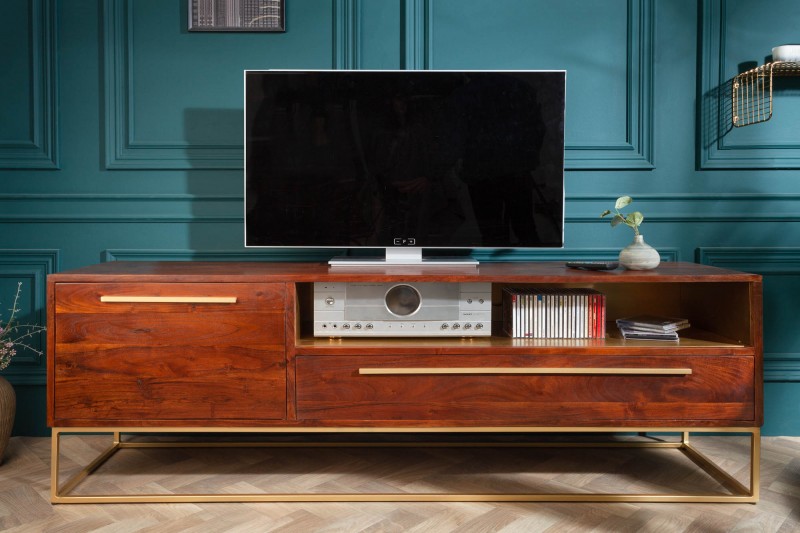 LuxD Dizajnový TV stolík Malakai 165 cm prírodná akácia - zlatý